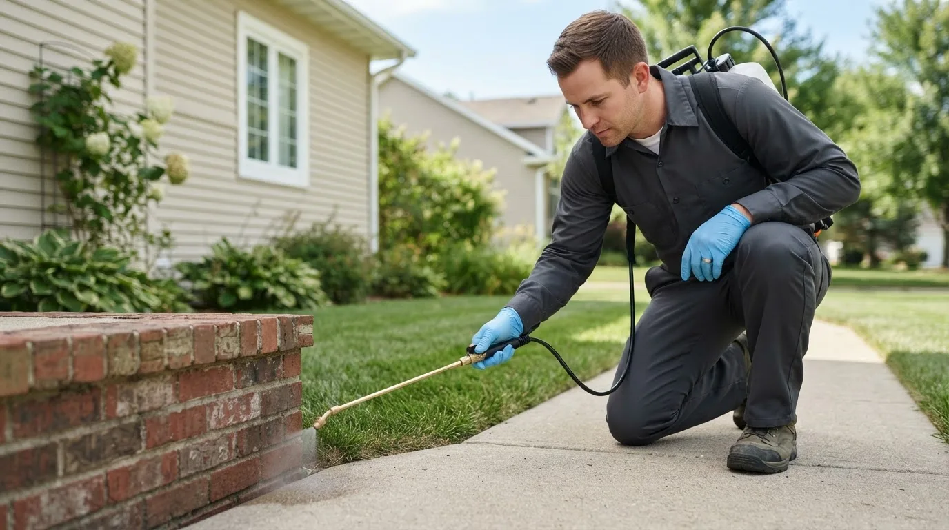Pest control technician treating a home near La Marque, TX
